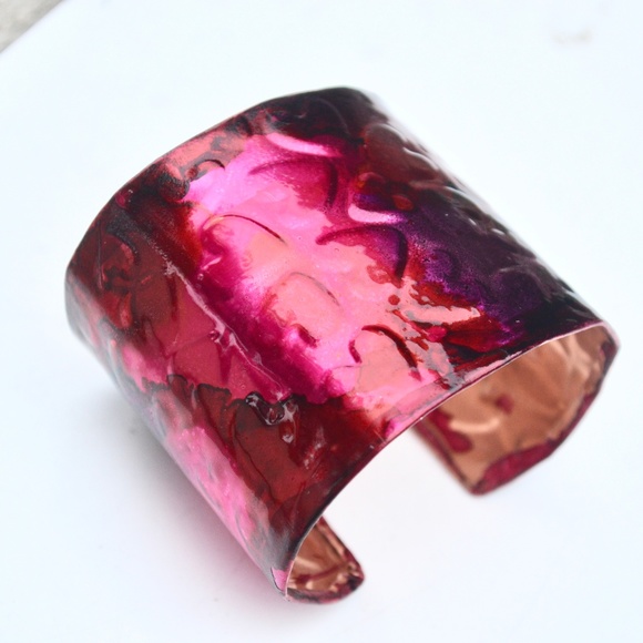 Handmade Copper Cuff Bracelet Pink Red Hearts Valentine Gift Boho Artisan OOAK - Picture 4 of 7